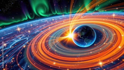 visualize the magnetosphere and ionosphere working together to deflect solar wind, creating glowing auroras, swirling plasma streams