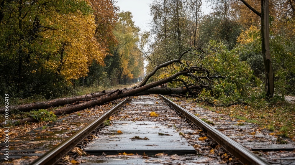 Fototapeta premium Storm damaged tree obstructs railway tracks, halting train services and creating travel disruptions