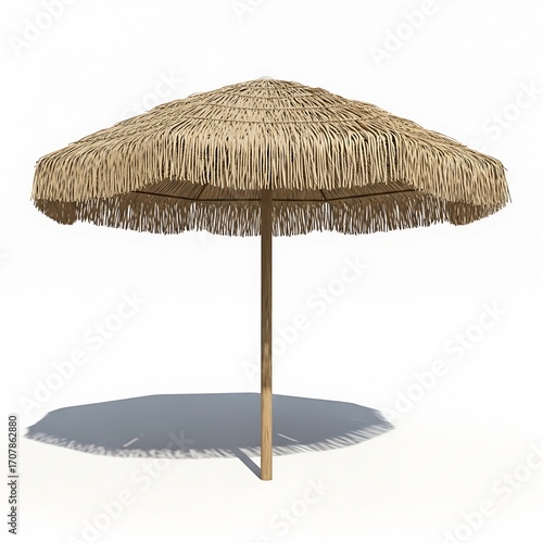 A light beige, thatched beach umbrella stands out against a plain white background.