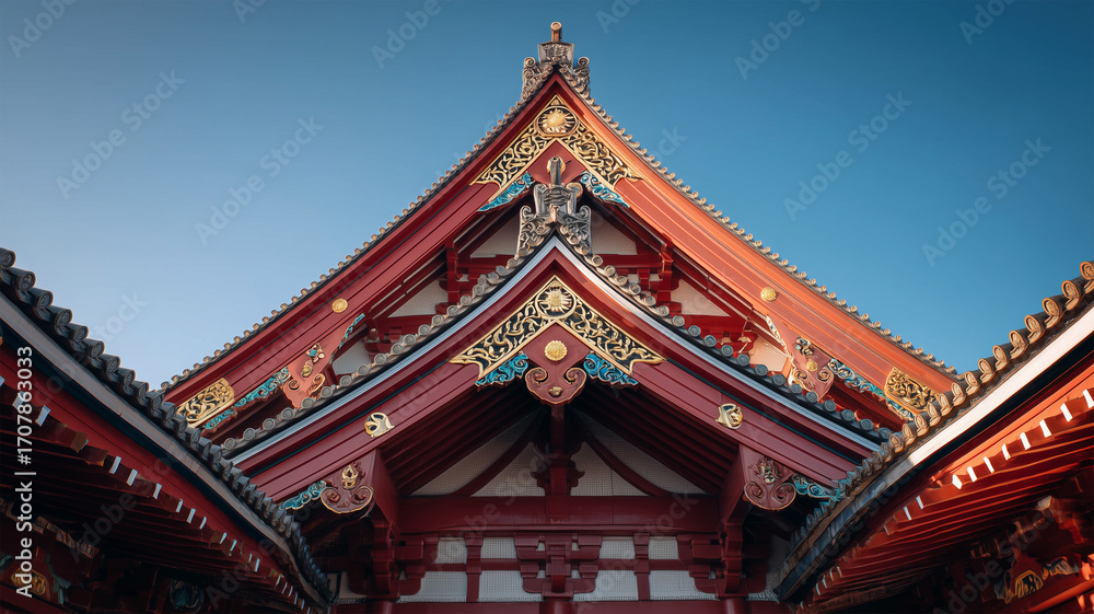 Naklejka premium 朱色の社殿屋根を仰ぎ見る構図