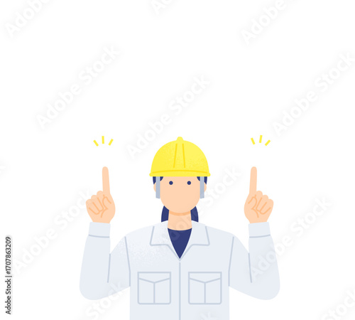 「こちらです！」と指差しで注目を促す女性作業員のイラスト