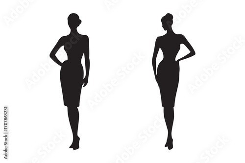 Elegant silhouettes of women in dresses on white background