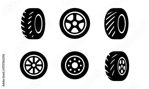 Simple automotive service icons with tire and wheel designs for repair and maintenance use