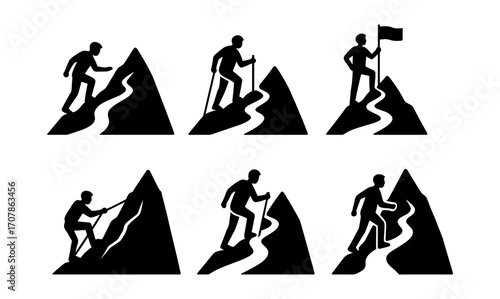 Adventure and exploration silhouettes of people hiking and climbing mountains - perfect for outdoor and travel designs