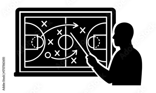 Retro silhouettes highlighting coaching strategy on sports tactics board - perfect for educational and training materials