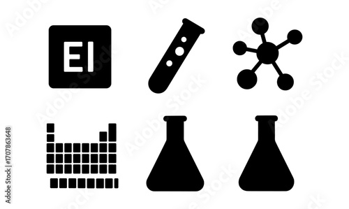 Chemistry element silhouette set featuring test tubes, molecule, periodic table for educational and design use