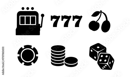 Casino elements collection with slot machine, lucky seven, cherry, chips, and dice - design for games and gambling themes