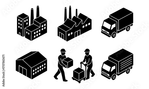 Industrial silhouette collection 2024: factories, warehouses, and logistic workers for design projects