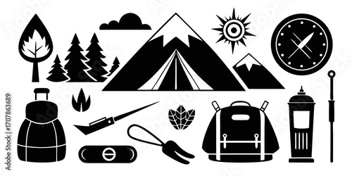 set of camping elements vector, road, tree, cartoon, sky, landscape, summer, green, house, red, nature, auto, mountain, winter, travel, art, snow
