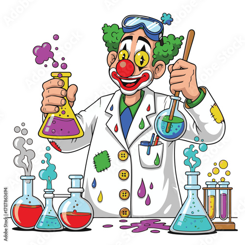 Funny cartoon vector illustration of a smiling scientist character with a test tube in a laboratory
