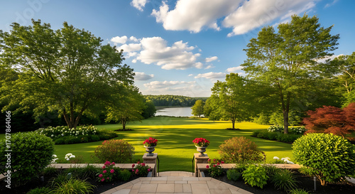 View of a lush green lawn leading to a lake with trees and a cloudy blue sky in the background ai generated