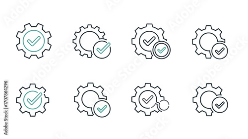 Set of six line art icons depicting gears with checkmarks, suggesting successful processes or tasks.