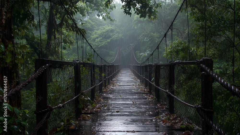Obraz premium 雨上がりに濡れた森の吊り橋