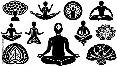 Vector collection of stylized black yoga poses and meditation symbols on a white background in various positions