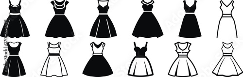 Dress icons, fashion silhouettes, black and white, clothing illustration, style comparison, elegant outfits, garment design, pleated skirts, neckline variety, apparel graphic
