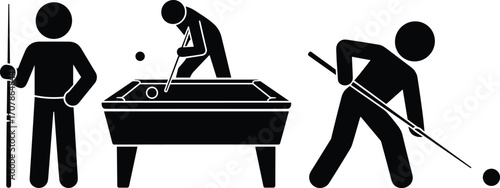 Billiards player icons – pool table stick figures playing snooker or cue sports in silhouette vector illustration set
