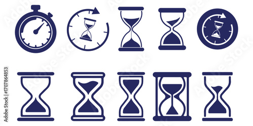 set of sand clock illustrations with varying frames and sand amounts. Hourglass shapes in multiple variations. Vector icon set of hourglasses with falling sand.