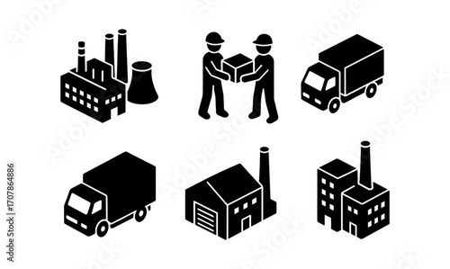 Industrial silhouette icons for manufacturing and logistics design projects