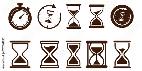 set of sand clock illustrations with varying frames and sand amounts. Hourglass shapes in multiple variations. Vector icon set of hourglasses with falling sand.