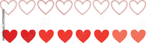 Heart icons, red gradient, dashed outline, double-line border, love symbol, romantic design, pattern set, stylized hearts, Valentine graphic, decorative elements