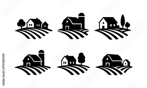Rural silhouettes of farmhouses and trees with water drop themes for agricultural design