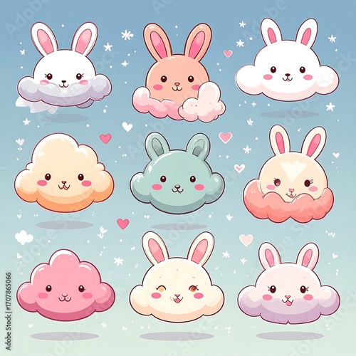 Cute bunnies on clouds
