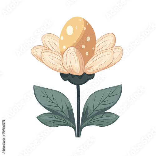 Floral Design with Festive Egg in Center. Whimsical Easter Flower with Petals and Egg
