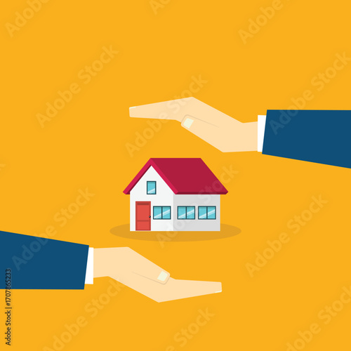 House with a protective hands. For security concepts, protection of private property. Insurance, mortgage, credit.	