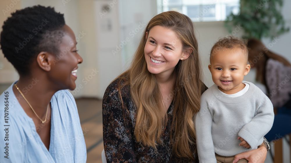 Obraz premium Diverse parenting workshop with interracial families and plus-size caregivers sharing tips, diversity, inclusivity, interracial couples, plus-size models, parenting workshop.