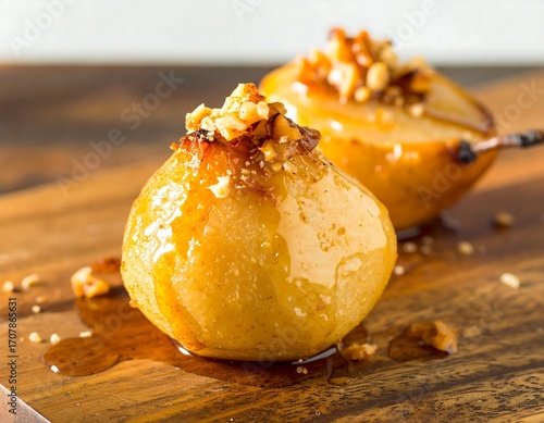 Two caramelized pears topped with nuts