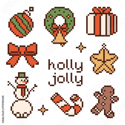 Pixel art Christmas elements clip art set. 8-bit vintage video game style decorations pack - candy cane, gift box, christmas wreath, snowman, bow, gingerbread man. Vector pixel art cute holiday stuff