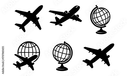 Travel and exploration theme with airplane and globe silhouettes for design projects