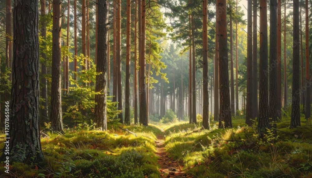 Naklejka premium Sunlit Forest Path with Tall Pine Trees and Lush Green Undergrowth Golden Hour Sunlight Filtering Through Trees Creating Warm Glow Scenic Landscape