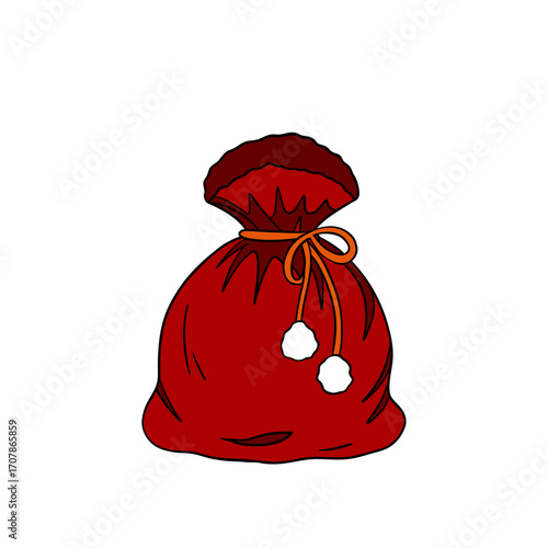 Santa Claus sack bag filled with Christmas gifts and festive decorations. Cozy holiday illustration greeting cards, invitations, seasonal posters, postcards. Christmas element collection 