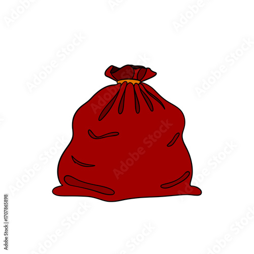 Santa Claus sack bag filled with Christmas gifts and festive decorations. Cozy holiday illustration greeting cards, invitations, seasonal posters, postcards. Christmas element collection 