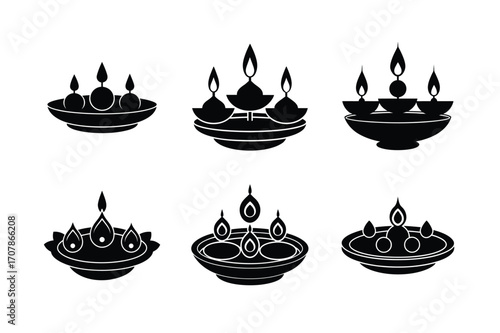 puja thali with diyas bundle linocut style silhouette vector illustration