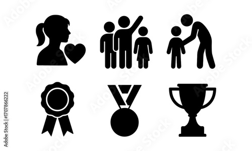 Social worker icon set: community support, family care, and achievement recognition design