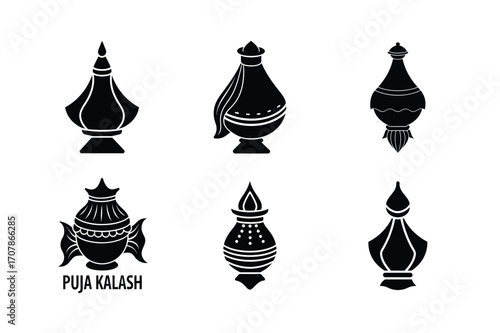 puja kalash with cloth bundle linocut style silhouette vector illustration