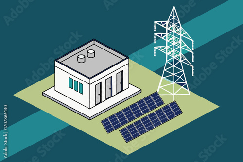 Renewable energy powerhouse concept with solar farm and solar cells generating sustainable electricity, isometric isolated vector.
