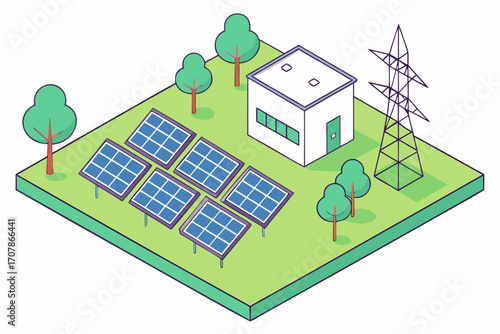 Green energy solar power plant illustration featuring solar panels in a natural environment, ecology powerhouse concept, isometric isolated vector.