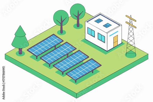 Solar farm power plant concept with solar cells generating green energy and sustainable electricity in nature, isometric isolated vector.