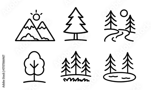 Minimalist nature icon set featuring mountains, trees, rivers, and sun elements for design projects