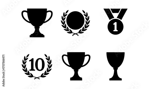 Golden trophy and medal silhouettes for award design and recognition concepts