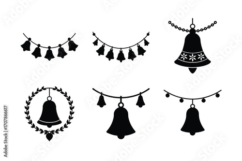 bell garland bundle linocut style silhouette vector illustration