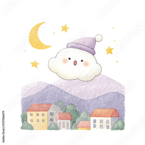 Cute Cloud in Nightcap Watercolor Night Scene Illustration.