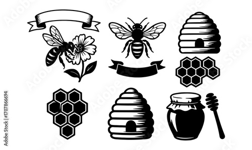 Bee and honey set with silhouettes of beehives, honeycombs, and jars for design projects
