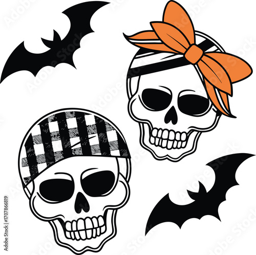 Vector art of two cartoon skulls with bandanas and bats