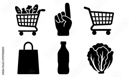 Grocery shopping symbols featuring supermarket cart, reusable bag, and fresh produce elements for design and decoration