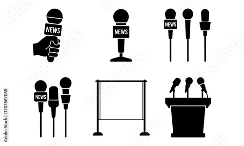 Media conference elements: news microphones and podium silhouettes for broadcast design