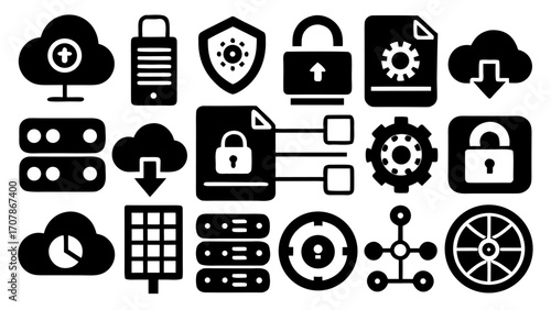 Vector illustration of cloud computing icons, server rack, security shield, and gear icons in black and white